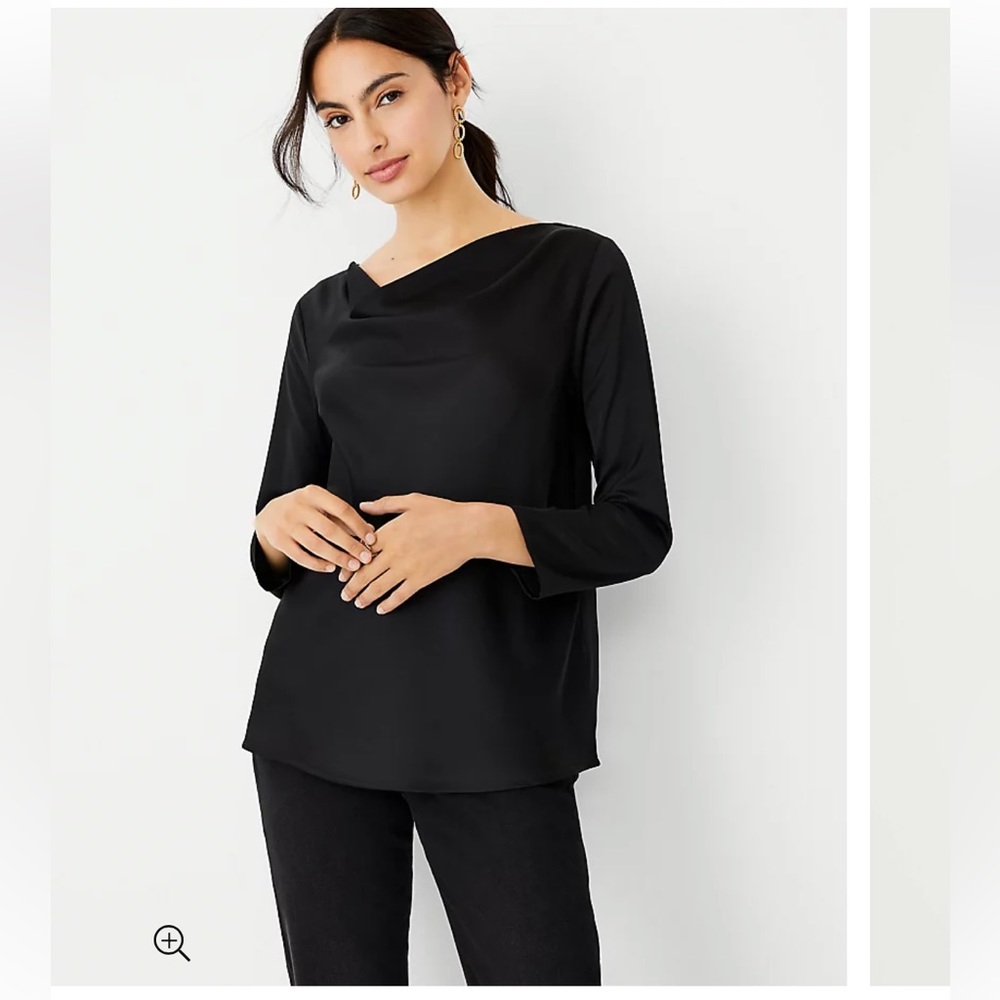 NWT Ann Taylor Satinny Black Petite Cowl Neck Top | Size Medium petite